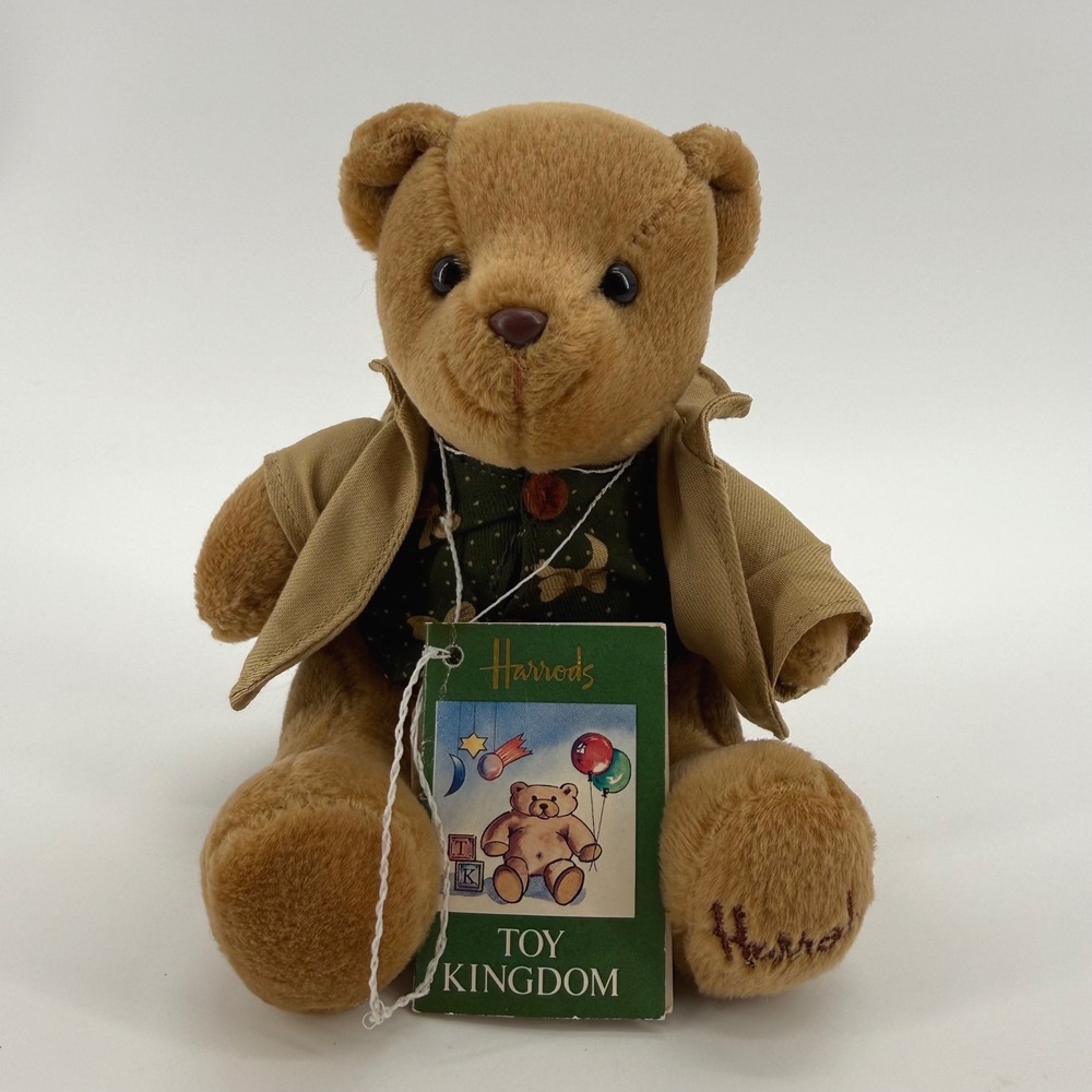 Vintage 90s Harrods Toy Kingdom Teddy Bear Tan Jacket Green Vest London Plush